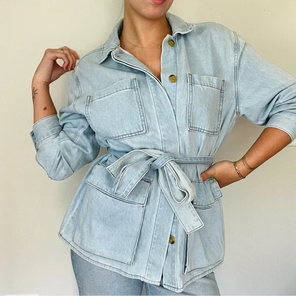 Tie Waist Denim Top - Picture 2 of 5